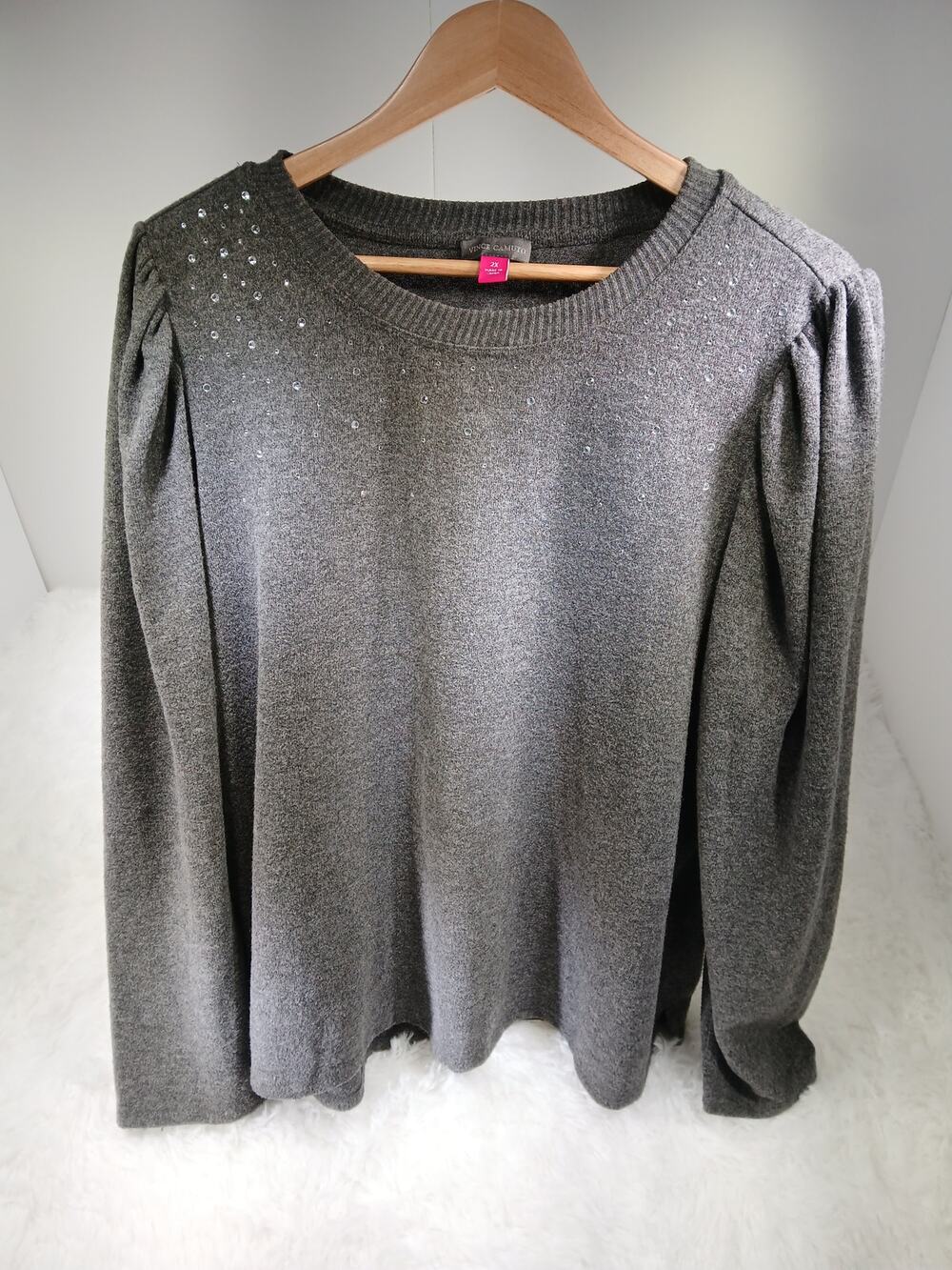 Vince Camuto Gray Rhinestone Pullover Knit Sweater - Women's 2XL